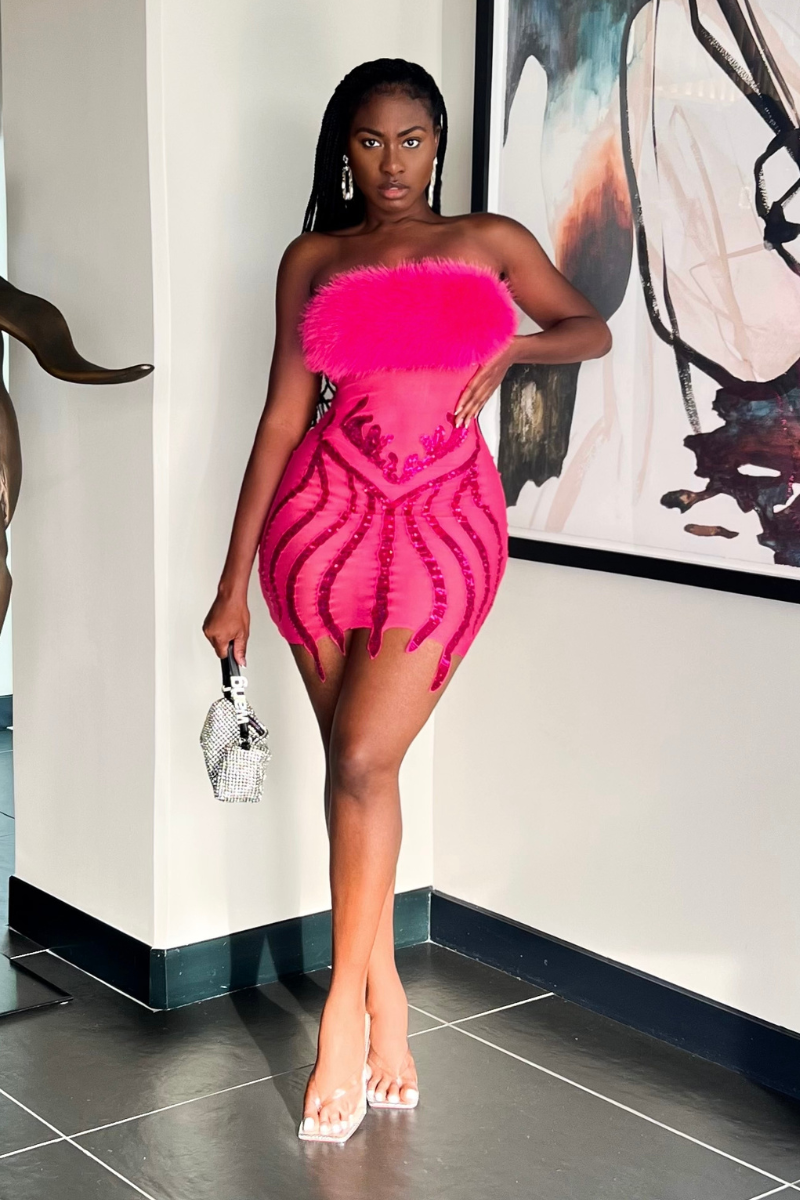 pink mini dress with fur Pink Fuzzy Trim Bodycon Mini Dress