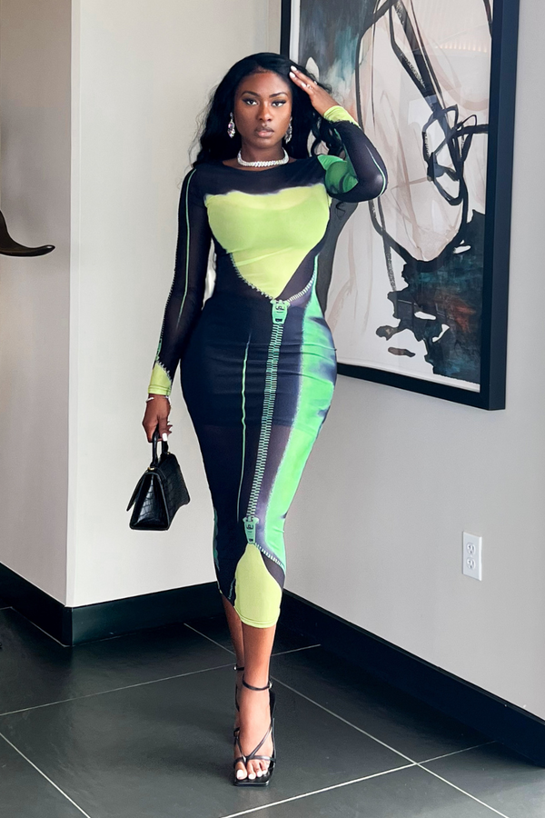 slim fit dress slacks ZIPPER GREEN SHEER MIDI | DRESS