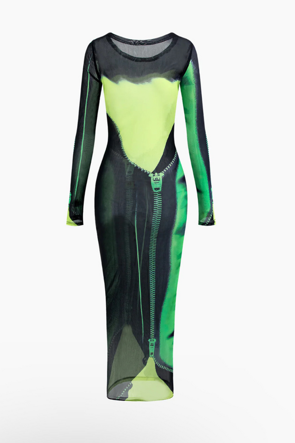 ZIPPER GREEN SHEER MIDI | DRESS